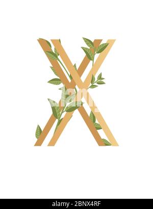 Letter X with gradient style beige color covered with green leaves eco font flat vector illustration isolated on white background Stock Vector