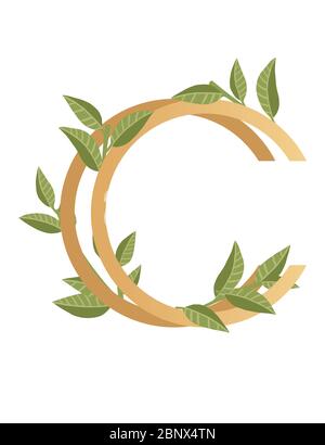 Letter C with gradient style beige color covered with green leaves eco font flat vector illustration isolated on white background Stock Vector