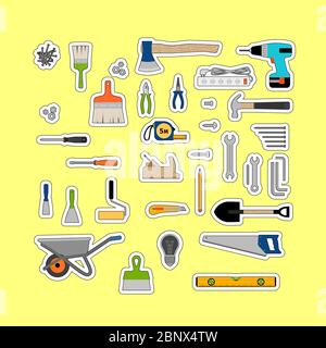 House repair, construction or working tools stickers. Vector icons Stock Vector