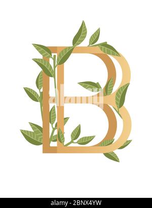 Letter B with gradient style beige color covered with green leaves eco font flat vector illustration isolated on white background Stock Vector