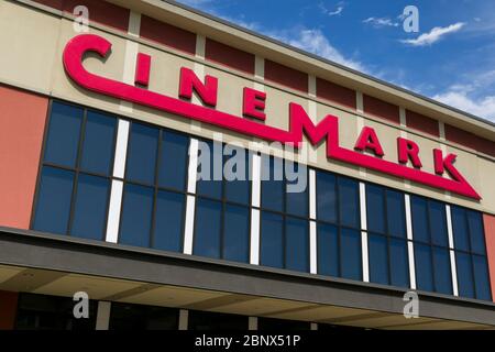 A logo sign outside of a Cinemark movie theater location in Chesapeake, Virginia on May 2, 2020. Stock Photo