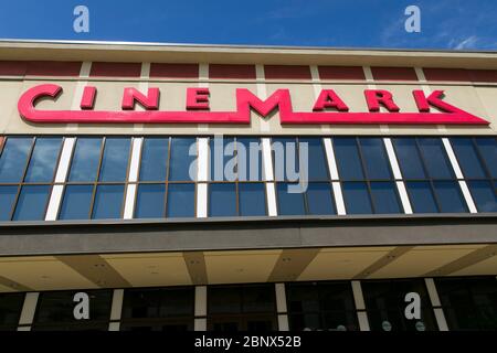 A logo sign outside of a Cinemark movie theater location in Chesapeake, Virginia on May 2, 2020. Stock Photo