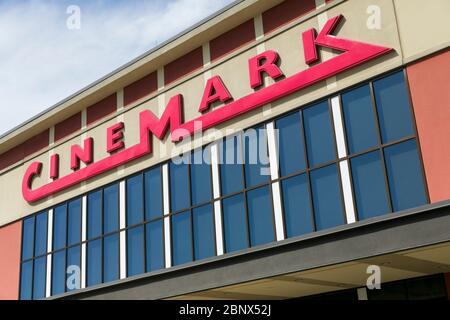 A logo sign outside of a Cinemark movie theater location in Chesapeake, Virginia on May 2, 2020. Stock Photo