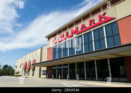 A logo sign outside of a Cinemark movie theater location in Chesapeake, Virginia on May 2, 2020. Stock Photo