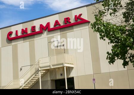 A logo sign outside of a Cinemark movie theater location in Chesapeake, Virginia on May 2, 2020. Stock Photo