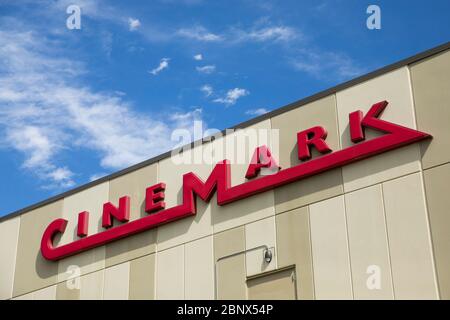 A logo sign outside of a Cinemark movie theater location in Chesapeake, Virginia on May 2, 2020. Stock Photo