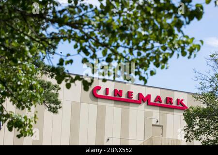 A logo sign outside of a Cinemark movie theater location in Chesapeake, Virginia on May 2, 2020. Stock Photo