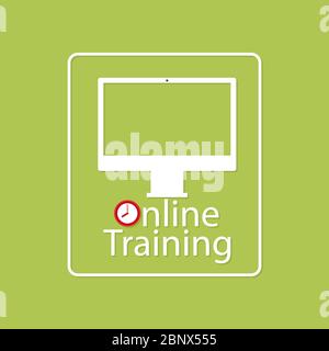 Online training white logo design with green background and clock. Vector illustration Stock Vector