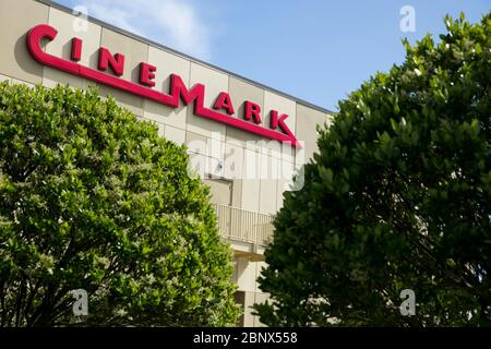 A logo sign outside of a Cinemark movie theater location in Chesapeake, Virginia on May 2, 2020. Stock Photo