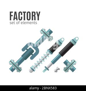 Factory, set of elements. Machinery flat icons vector illustration Stock Vector