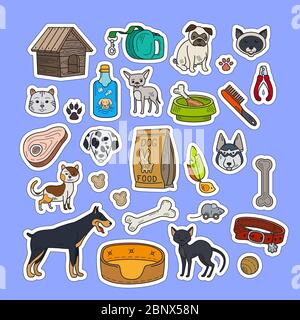 Vector hand drawn pets. Cats and dogs colorful stickers Stock Vector