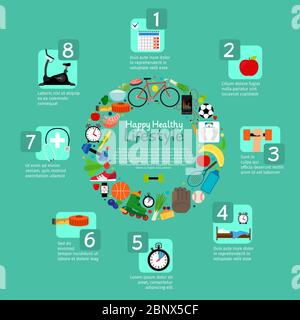 Healthy nutrition and fitness activity vector infographic in round frame form Stock Vector