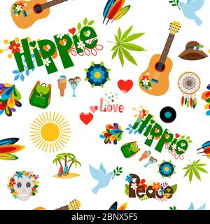 Vector illustration with colorful hippie signs seamless pattern Stock Vector