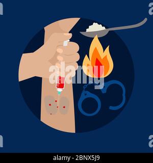 Drugs poster with human hand and injection, vector illustration Stock Vector