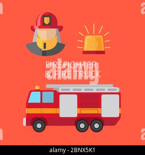 Firefighter and fire truck vector illustration on red background Stock Vector