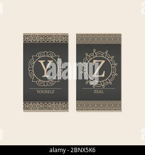 Cards set with monogram logos and borders. Letters Y-Z vector illustration Stock Vector