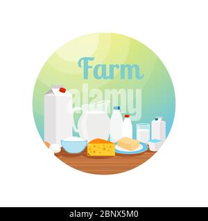 Farm with milk food circle icon or sticker design. Vector illustration Stock Vector