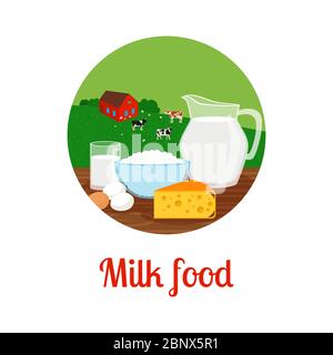 Milk and milk food with farm landscape circle icon design. Vector illustration Stock Vector