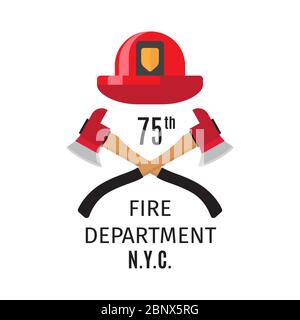 Firefighter emblem with vector cross fire axes and fireman helmet Stock Vector