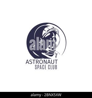 Astronaut space club logo design in retro style with astronaut silhouette. Vector illustration Stock Vector