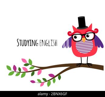 Clever Owl studying English vector banner for education website Stock Vector