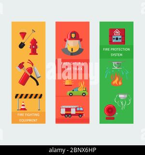 Fire risk vertical flyers. Fire protection,equipment and transport, Vector illustration Stock Vector