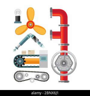 Machinery flat icons set. Machine parts on white background vector illustration Stock Vector