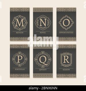 Cards set with monogram logos and borders. Letters M-R vector illustration Stock Vector