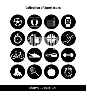 Fitness white icons in black circles. Vector sport, jogging, fit, measure, water drink signs Stock Vector