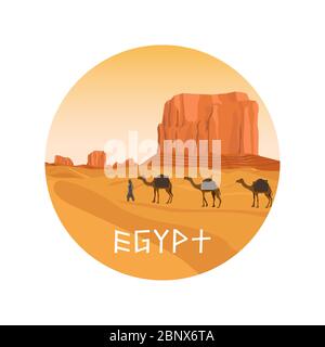Circle isolated icon with Egypt sahara desert, sand hills and camel. Vector illustration Stock Vector