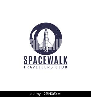 Spacewalk astronautic traveller club vector logo design with space rocket in retro style Stock Vector