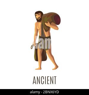 Ancient prehistoric man with heavy bags or sack, isolated vector Stock Vector