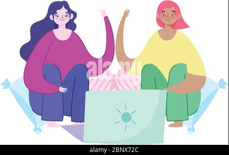 working remotely, young women sitting on sofa beanchair with laptop in ...