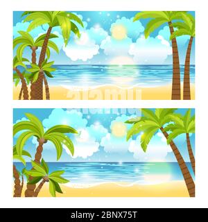 Summer time sea view with palm trees vector banners set Stock Vector