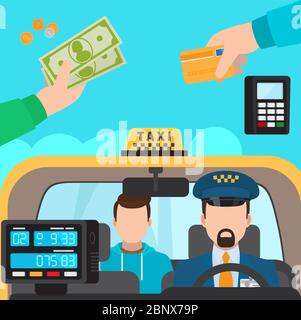 Inside taxi passenger and driver. Payment Methods vector illustration Stock Vector