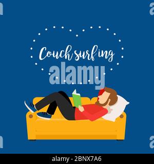 Couch surfing man. Vector poster with man reading book on a couch Stock Vector