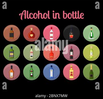 Alcohol in a bottle circle icons. Drinks bottles vector illustration Stock Vector