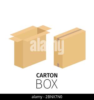 Carton vertical box pack. Vector flat items isolated on white. Closed and opened boxes Stock Vector