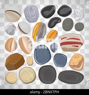 Vector river stones isolated on white background. Different shapes sea rock pebbles on the transparent background Stock Vector