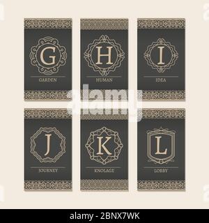 Cards set with monogram logos and borders. Letters G-L vector illustration Stock Vector