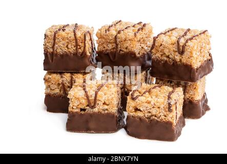 Mini  rice and syrup flapjack slices isolated on white Stock Photo