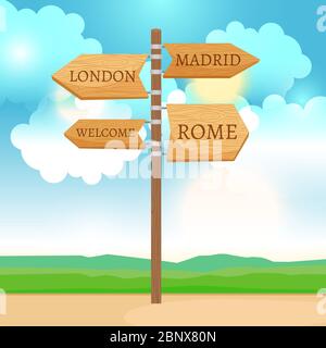 Wooden way direction sign, sunny day landscape vector illustration Stock Vector