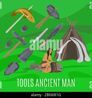 Set Of Items Of Primitive Man And Hunter. Weapons Of Caveman. Stone Age Club,  Fire And Animal Skull. Totem And Wand Of Shaman. Lifestyle And Tool.  Cartoon Illustration Royalty Free SVG, Cliparts