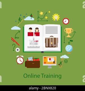 Online Education and Webinar Concept illustration on the green background. Vector illustration Stock Vector