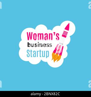 Womans business startup logo design template with pink rocket in cloud. Vector illustration Stock Vector