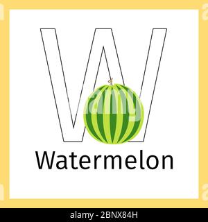 Kids education card with watermelon fruit and outline letter W for coloring, vector illustration Stock Vector