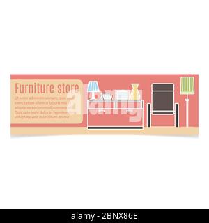 Furniture horizontal banner with white contour and pink background. Vector illustration Stock Vector
