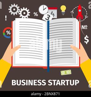 Reading book about business startup, top view. Vector illustration Stock Vector