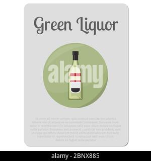 Green liquor alcohol. Sticker with bottle and description vector illustration Stock Vector