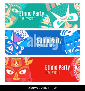 Ethno party flyers banners with masks, vector set Stock Vector